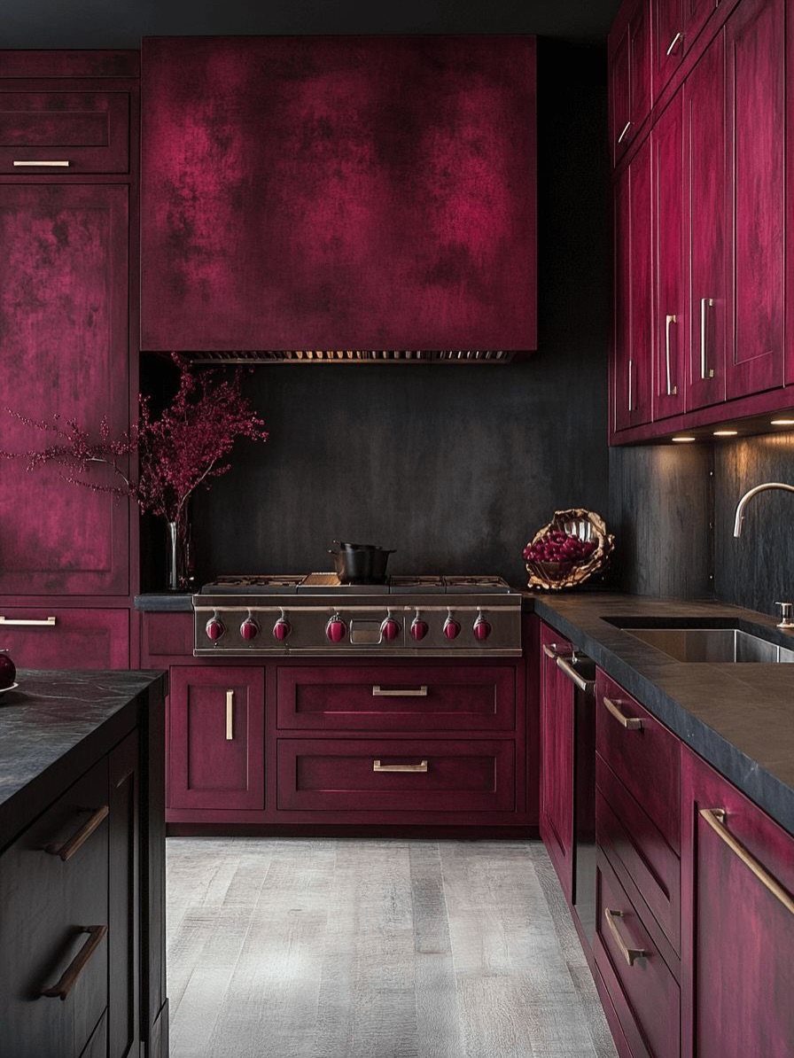 Deep magenta kitchen cabinets and matching range hood with dark grey walls.