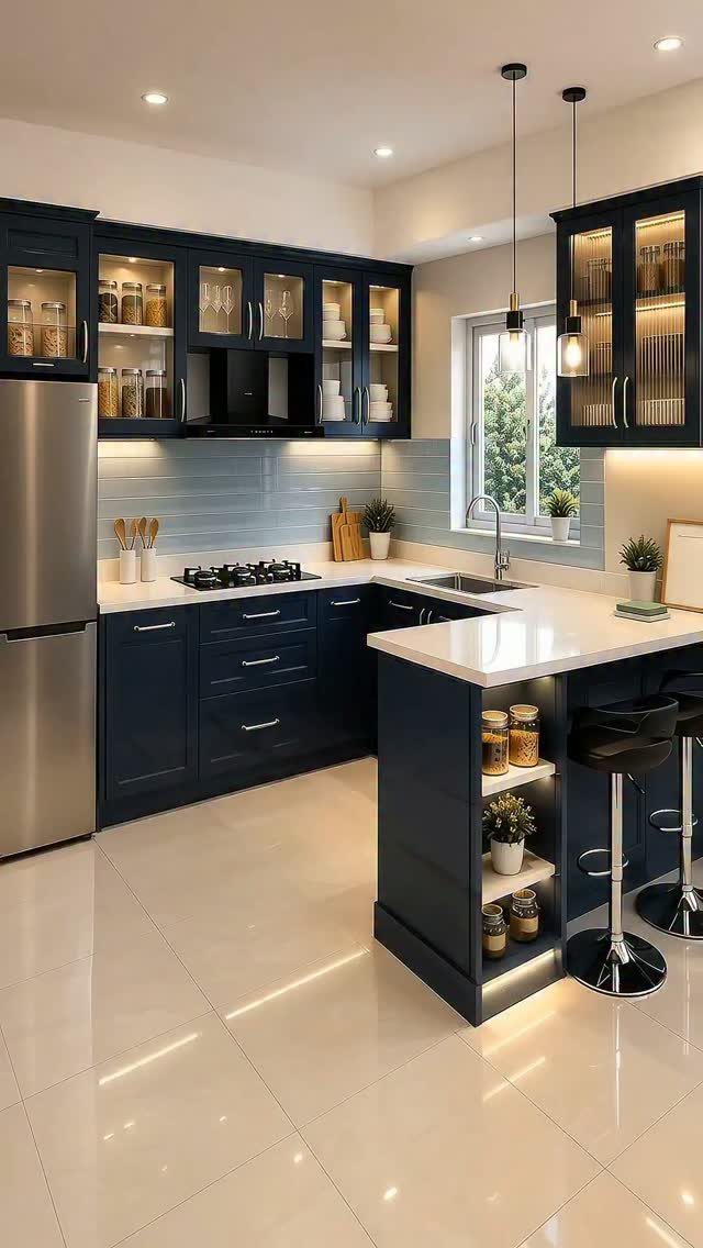 Deep blue kitchen cabinets with integrated warm lighting and white countertops.