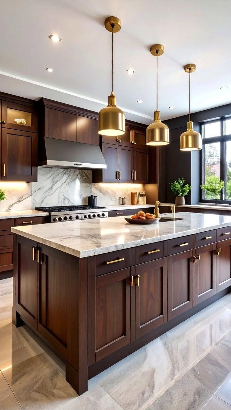 Marble kitchen island and backsplash paired with dark wood cabinets and gold lighting.