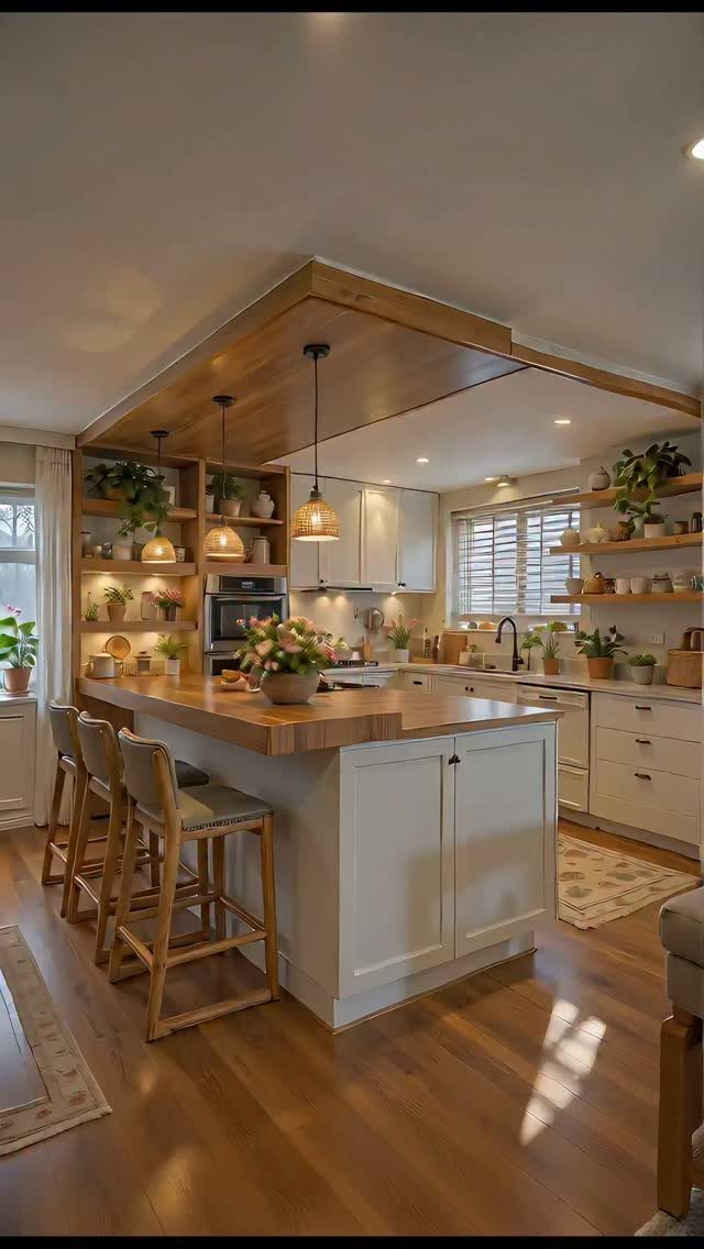 White kitchen cabinets and island with warm wood countertops and open shelving.