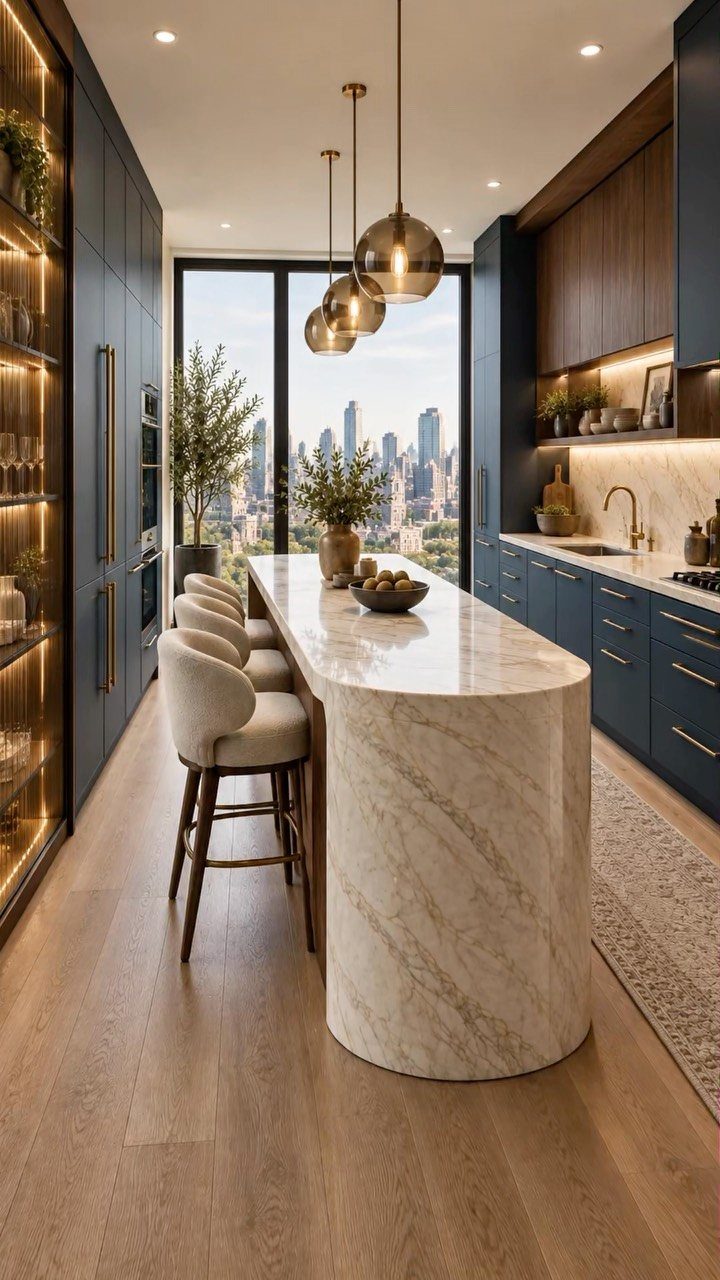 Curved white marble kitchen island with navy blue cabinets and city skyline view