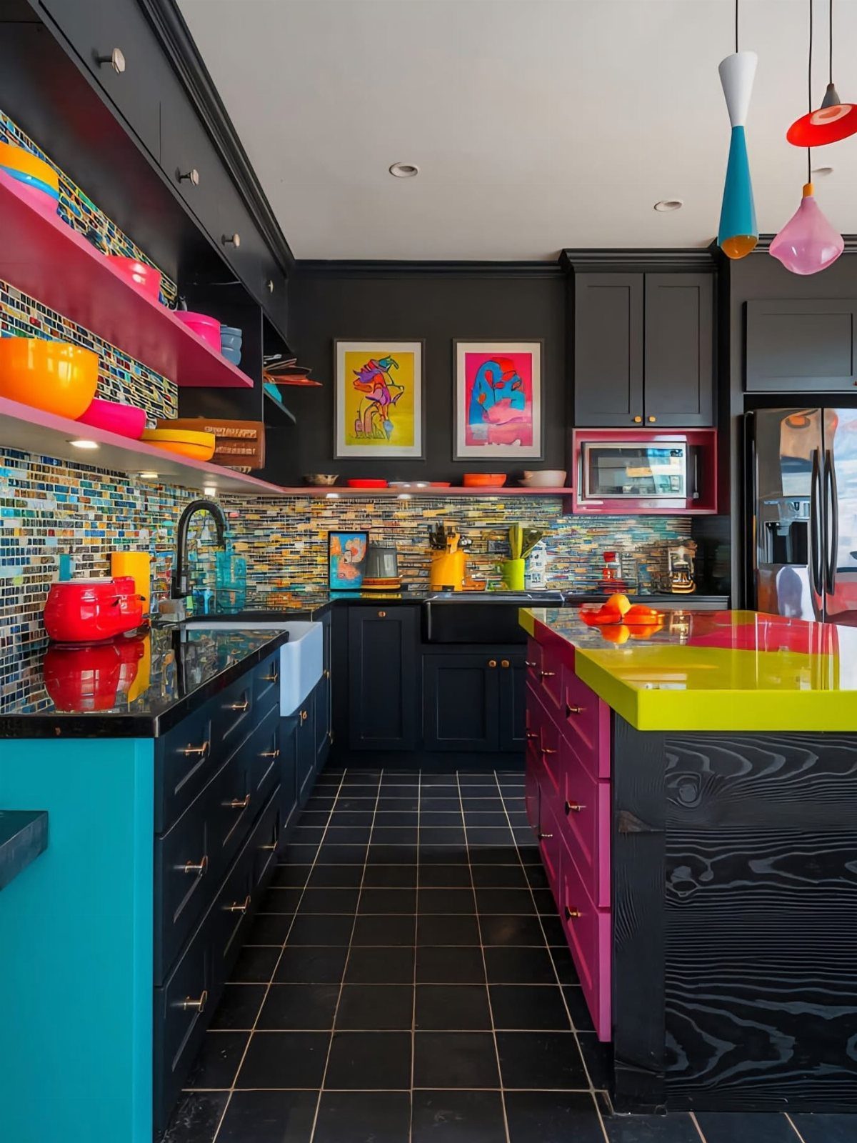 Colorful kitchen with black, turquoise, and magenta cabinetry and a lime green island.