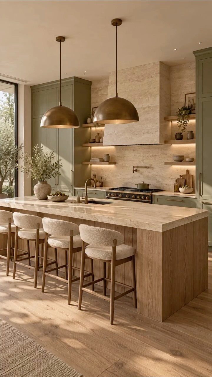 Modern kitchen with sage green cabinets, stone island, and bronze pendant lighting.
