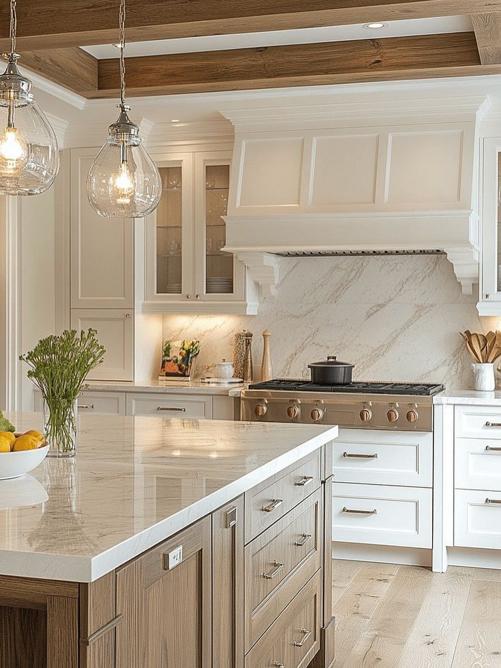 Modern kitchen with white cabinetry, marble countertops, and mixed gold and silver metal hardware.