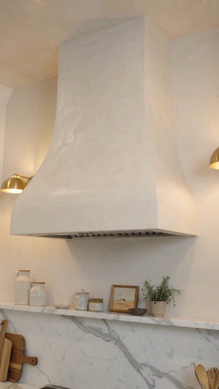 White sculptural range hood with curved edges above a white marble kitchen counter.