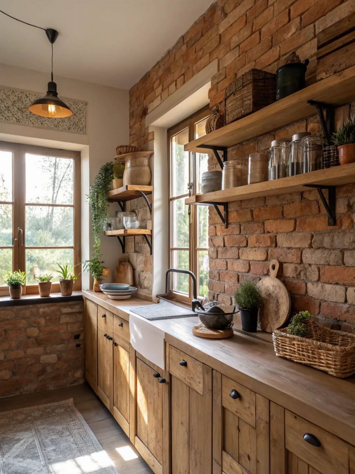 Red brick accent wall in a rustic kitchen with wooden cabinets and shelving.