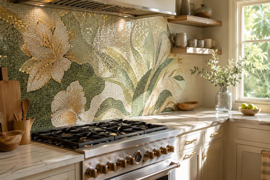 Mosaic tile backsplash with floral patterns behind a kitchen stove and marble counter.