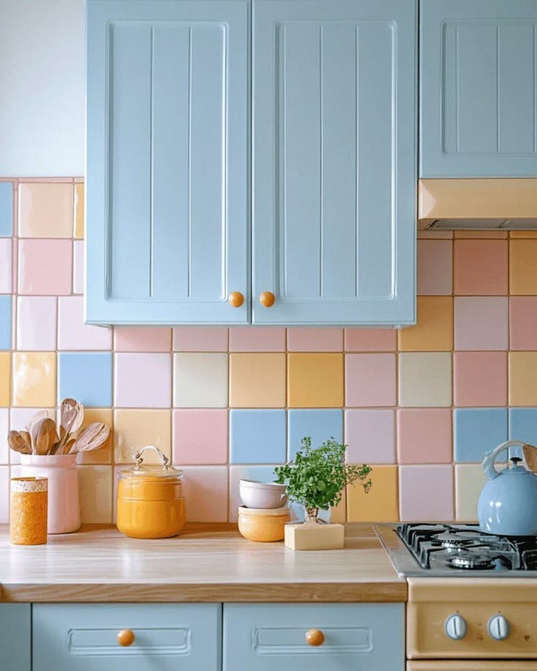 Pastel multicolored square tile backsplash behind light blue kitchen cabinets and wooden countertop.