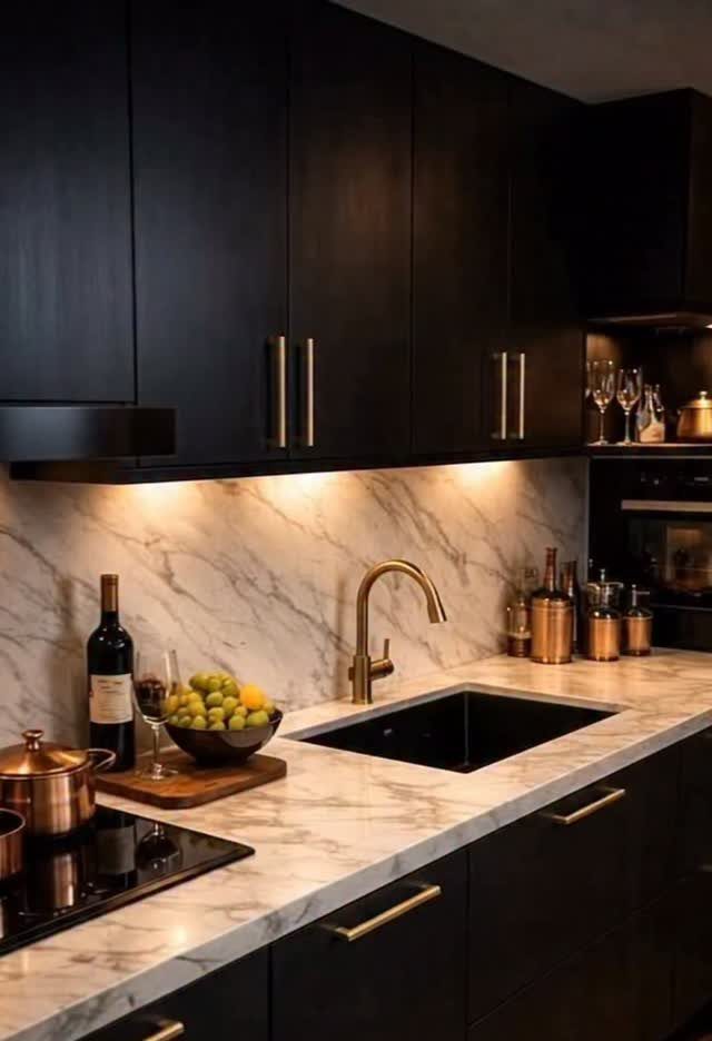 Modern black kitchen cabinets with gold brass handles and a matching brass faucet.
