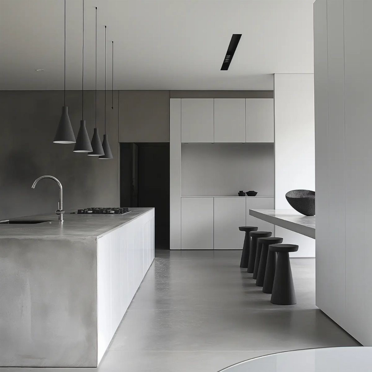 Modern kitchen with white flat-panel cabinets, concrete island, and black minimalist stools.