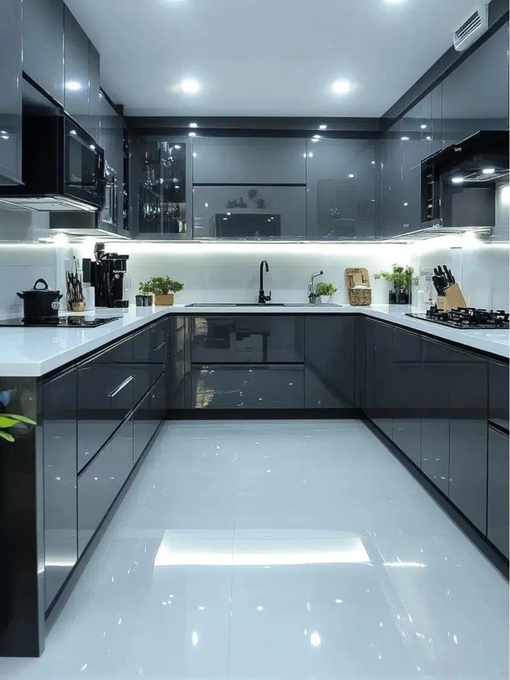 Glossy black kitchen cabinets paired with clean white countertops and white tiled flooring.