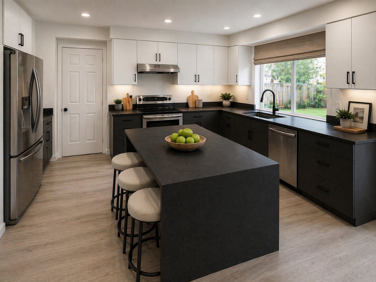 Kitchen with white upper cabinets, black lower cabinets, and a black center island.