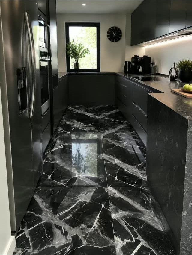 Polished black marble floor with white veins in a modern dark grey kitchen