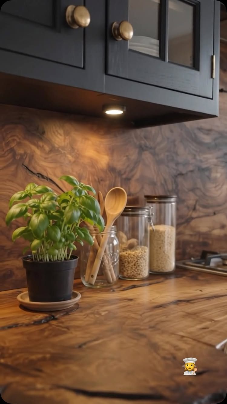 Black upper kitchen cabinet above a wood countertop with a potted basil plant.
