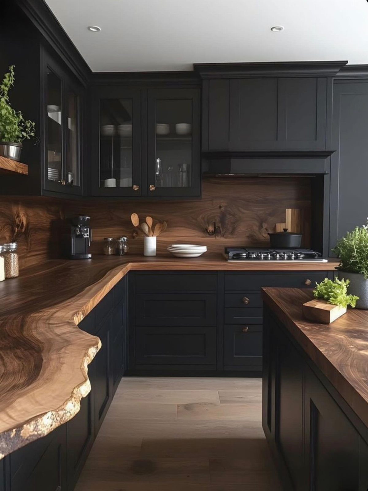 Black kitchen island with a thick live-edge wood countertop and matching black cabinetry.