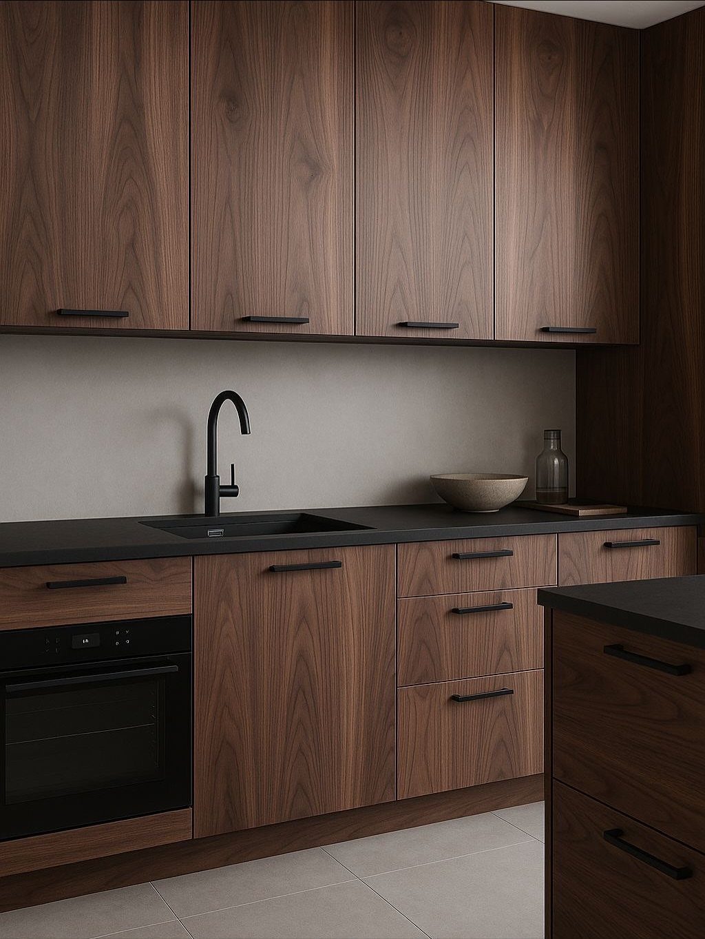 Dark wood grain kitchen cabinets with black countertops and a black built-in oven.