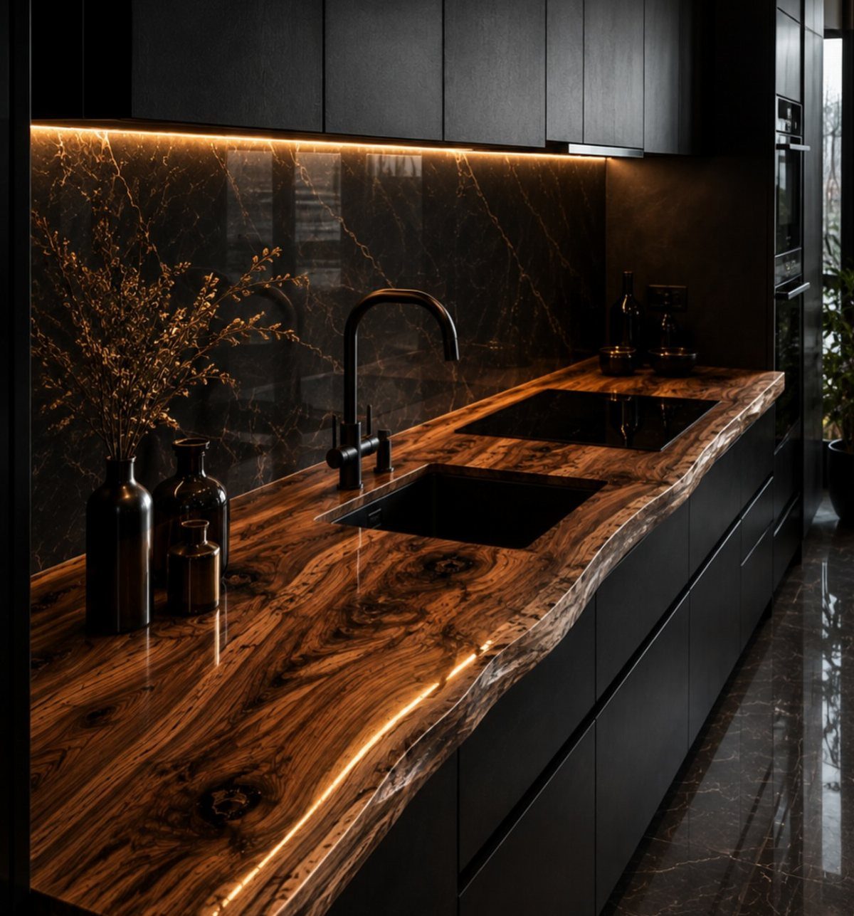 Matte black kitchen cabinets with a live-edge wood countertop and glossy black backsplash.