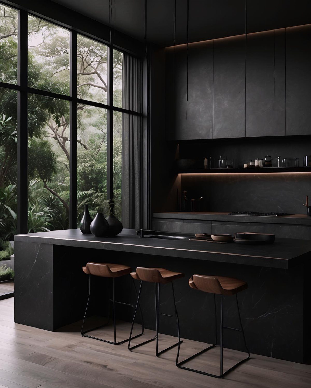 Modern black kitchen with a stone island, leather stools, and light wood flooring.