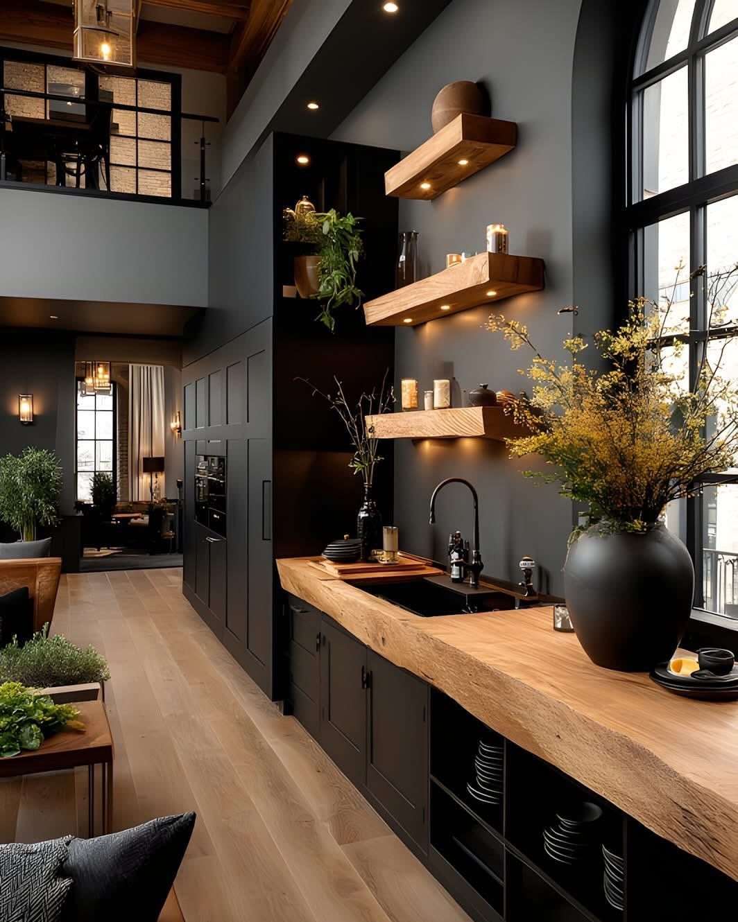 Floating wood shelves on a matte black wall in a modern kitchen.
