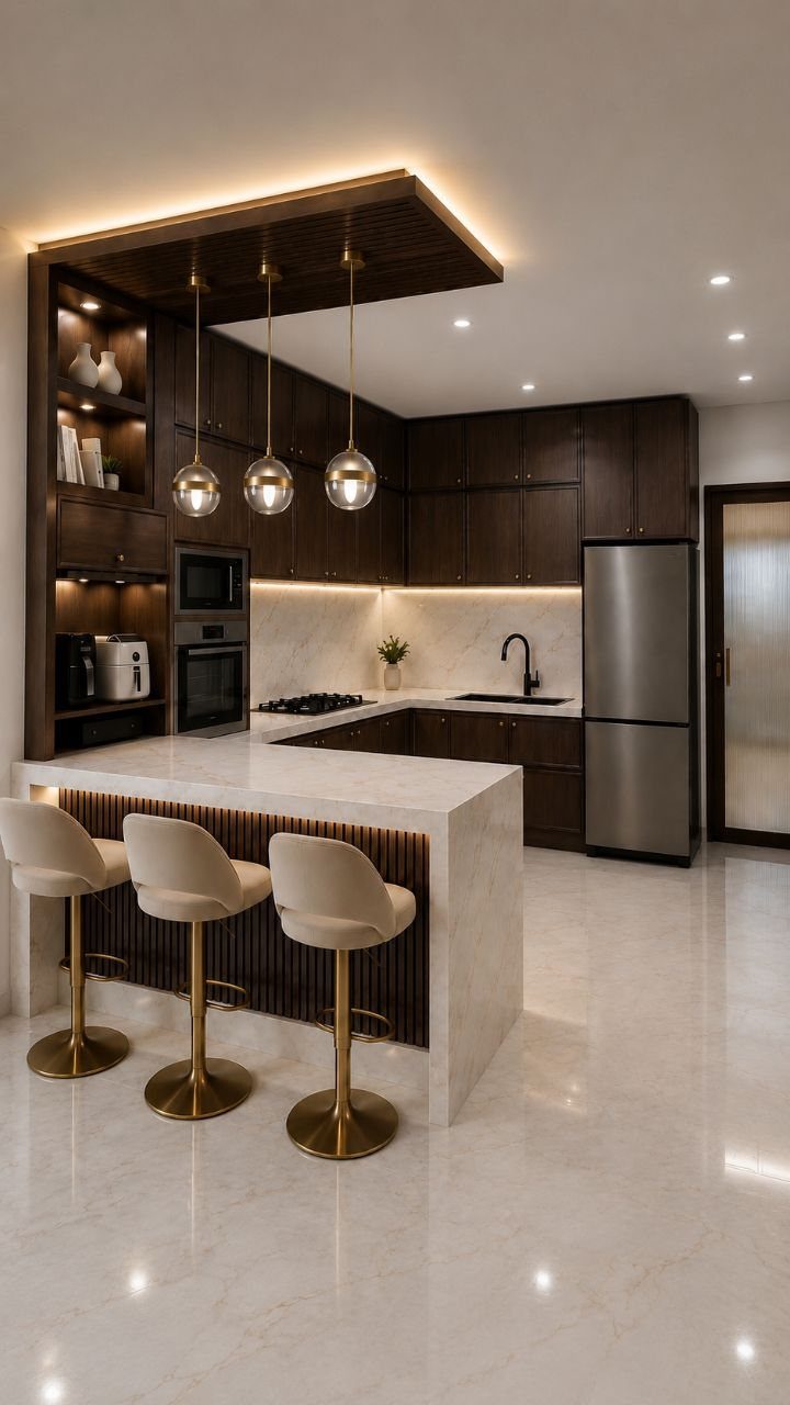 Three gold globe pendant lights hanging over a white marble kitchen island.