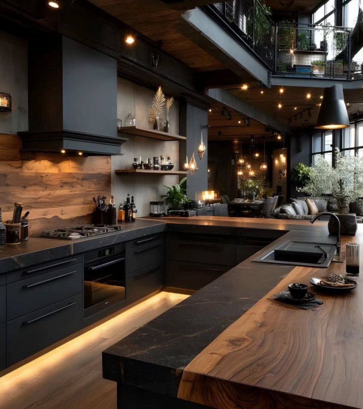 Modern kitchen with matte black cabinets, wood accents, and warm ambient lighting.