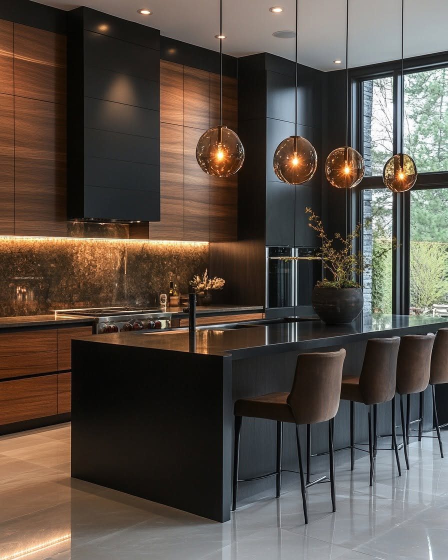 Modern kitchen with matte black cabinets, wood paneling, and spherical glass pendant lights.