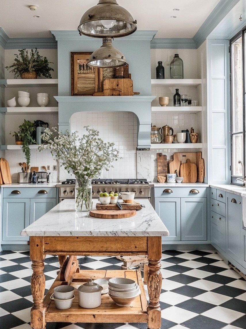 Light blue kitchen cabinets with a marble wooden island and checkered flooring.