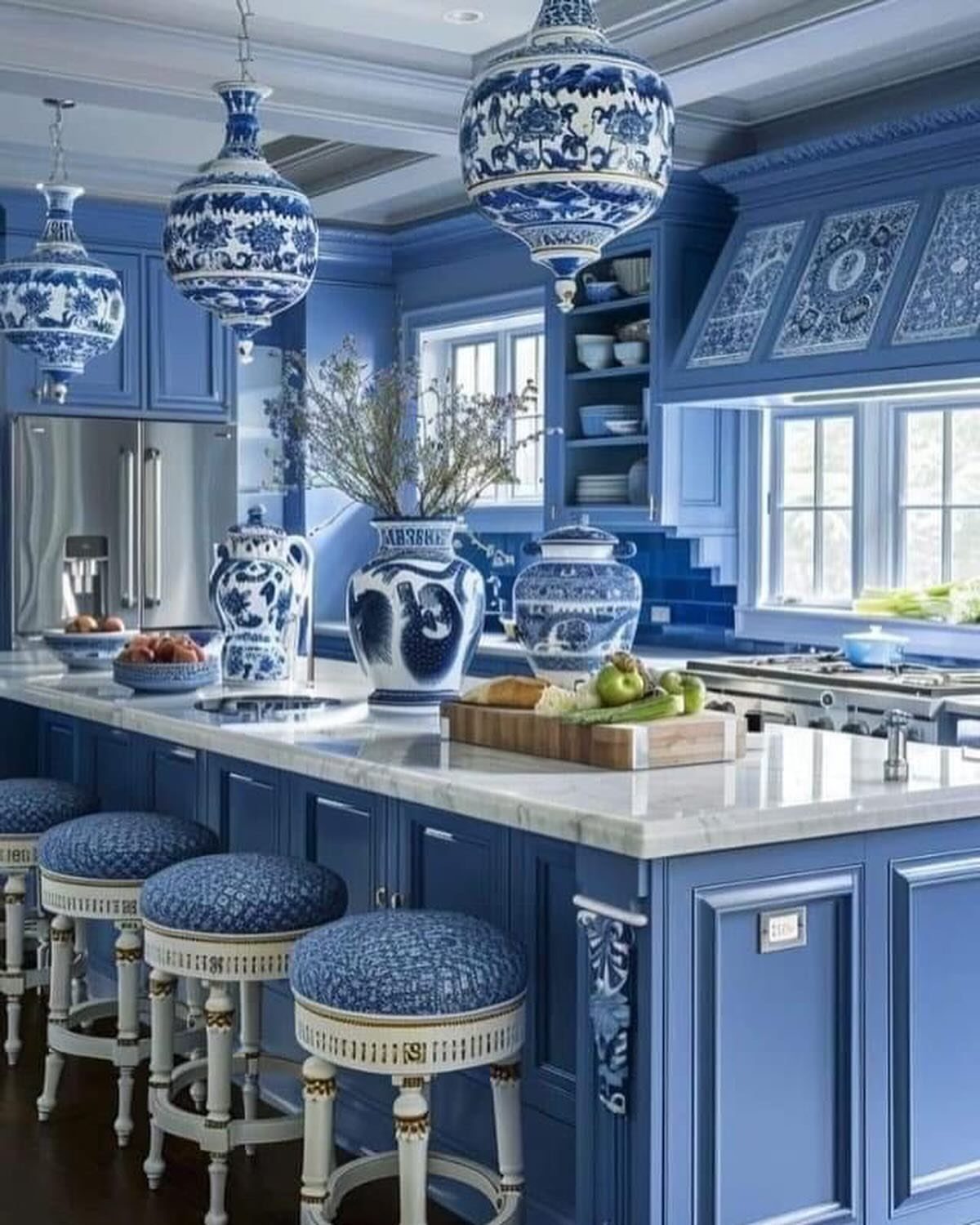 Deep blue kitchen cabinets with white marble countertops and blue porcelain pendant lights.