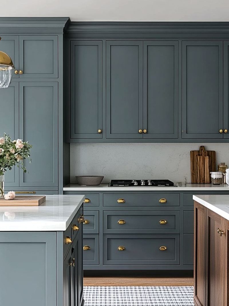 Dark blue kitchen cabinets with gold hardware and white marble countertops.