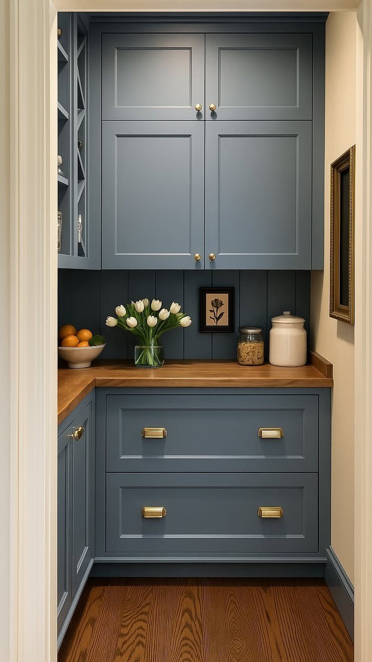 Gray-blue kitchen cabinets with gold handles and a wooden countertop with white tulips.