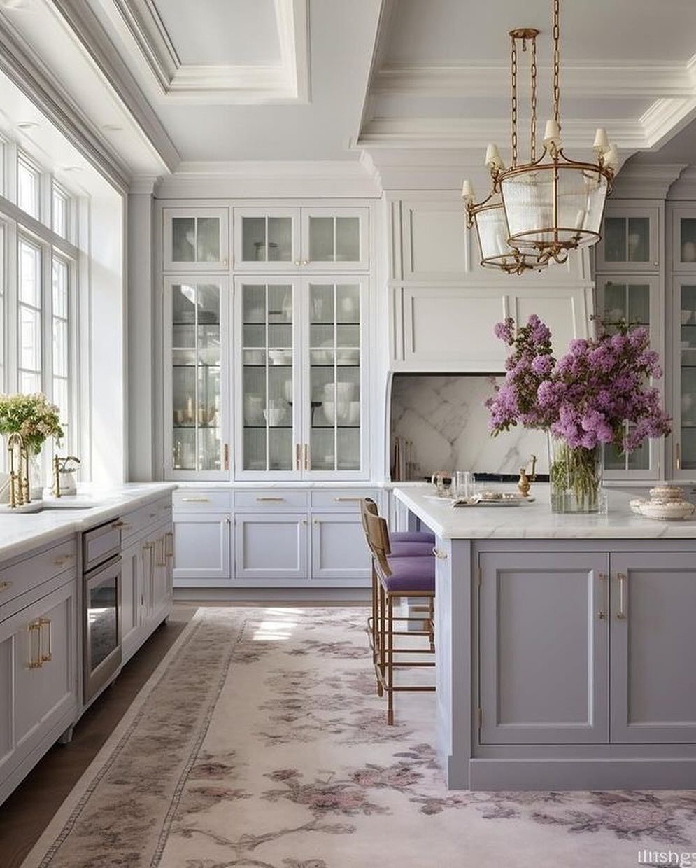 Lavender-blue kitchen cabinets with white marble countertops and a gold chandelier.