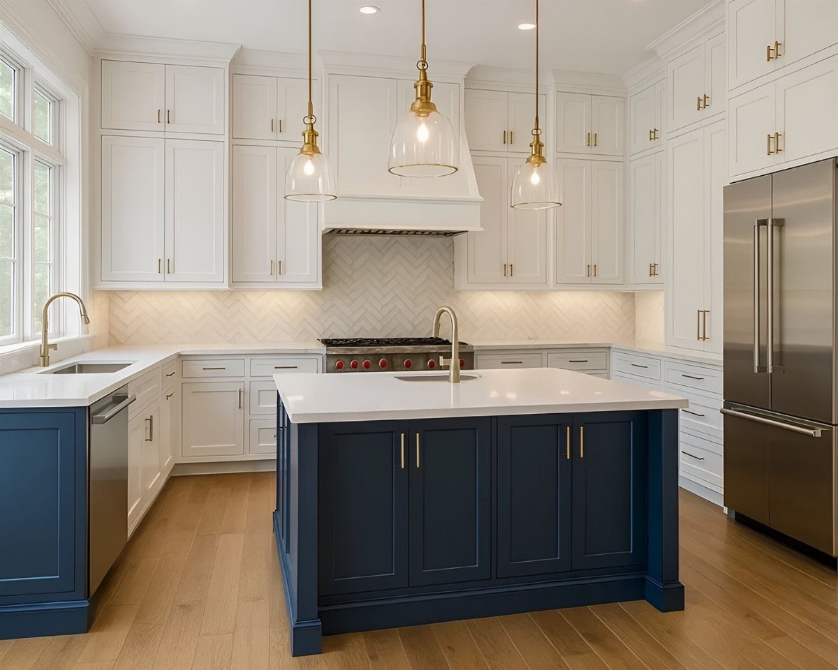 Navy blue kitchen island with white cabinets and gold accents in a bright room.