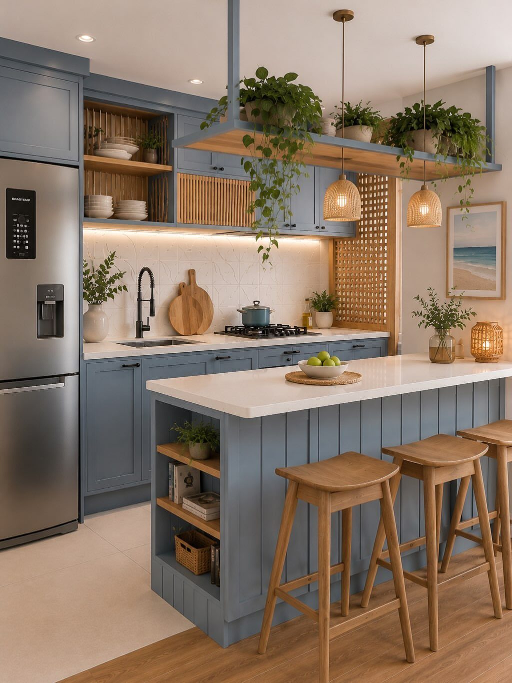 Dusty blue kitchen cabinets and island with white countertops and wooden bar stools.