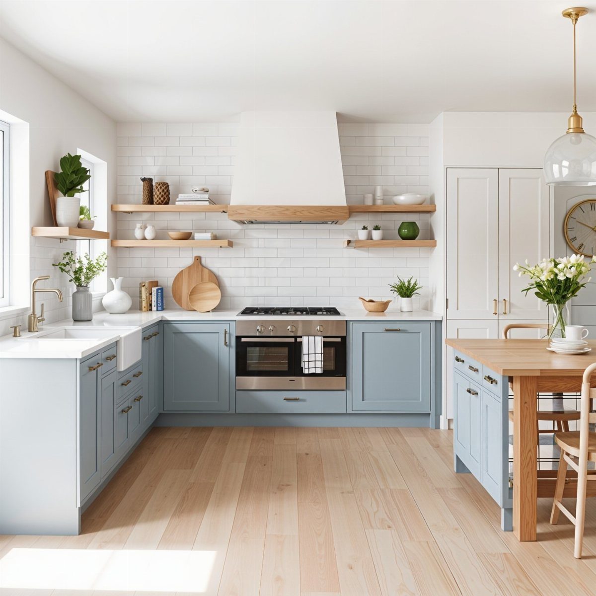 Light blue lower kitchen cabinets with white subway tile walls and wooden floors.