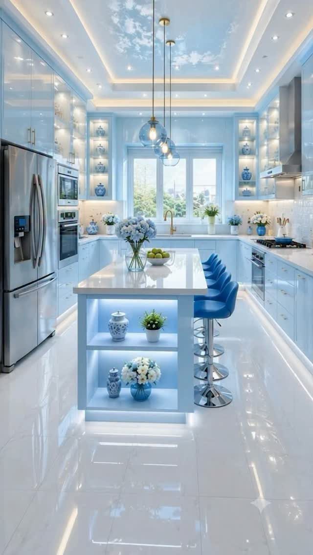 Light blue high-gloss kitchen cabinets with a white island and blue bar stools.