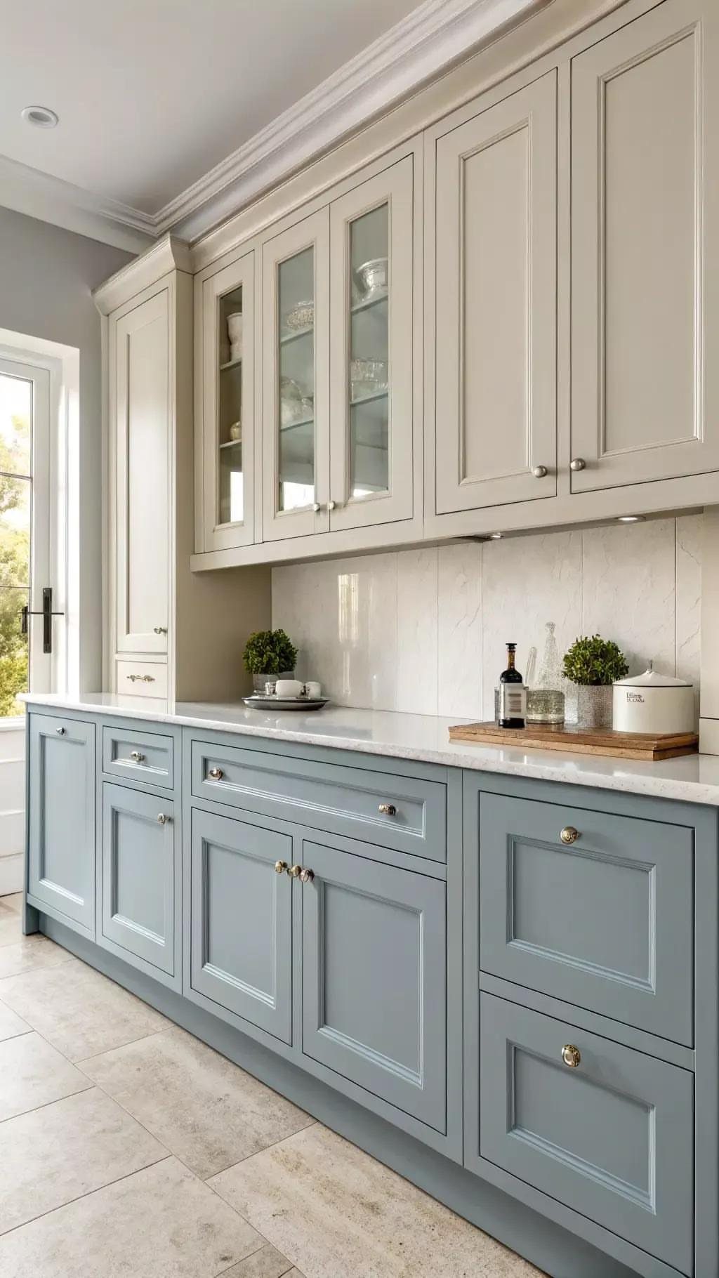Two-tone kitchen with light blue lower cabinets and off-white upper cabinets.