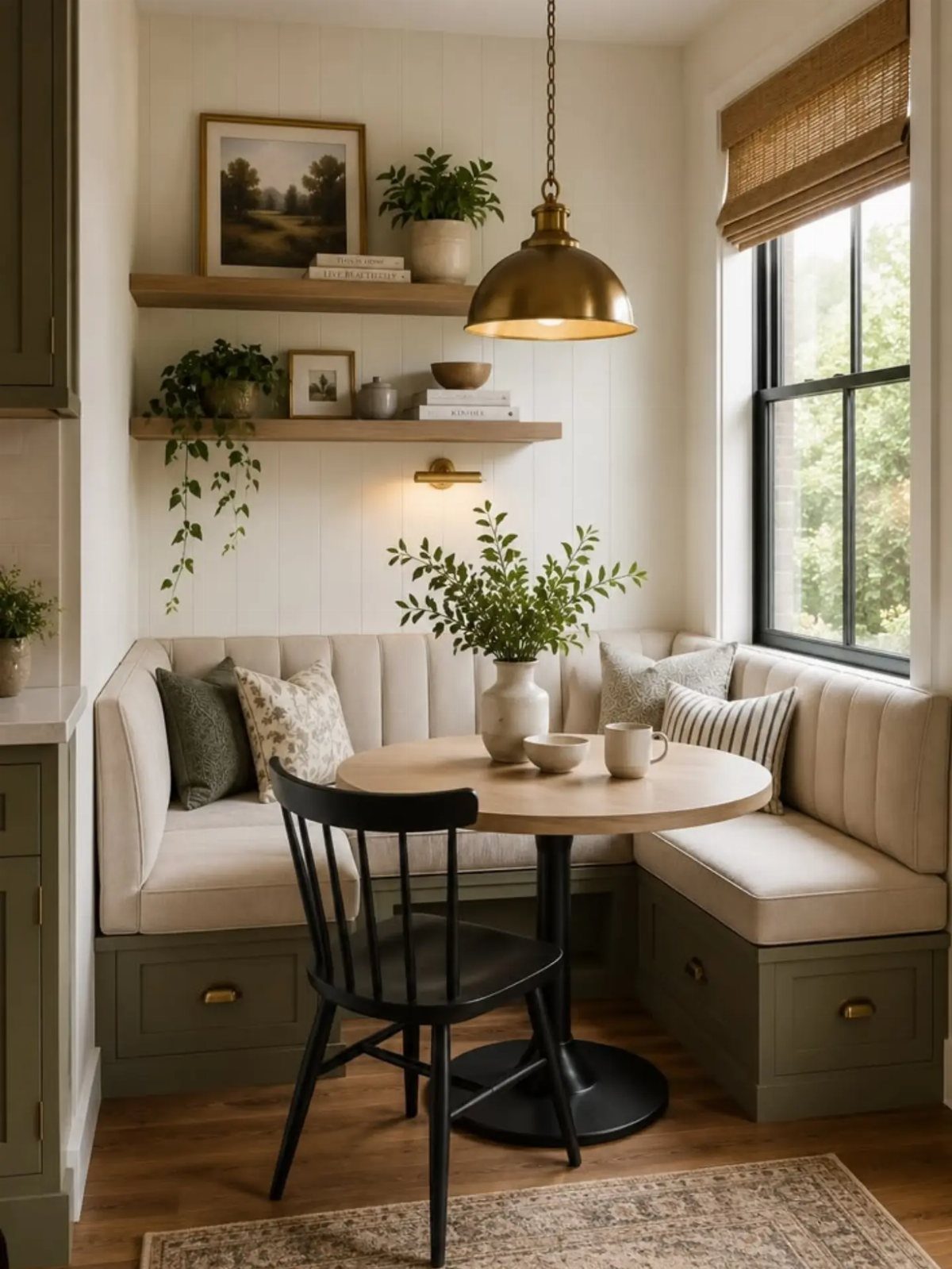 L-shaped built-in kitchen nook bench with beige cushions and olive green storage drawers.
