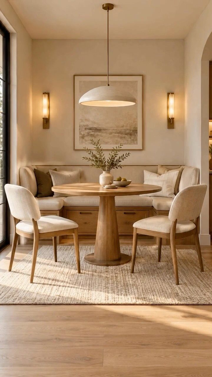 Breakfast nook with a built-in wooden storage bench and neutral cream cushions.