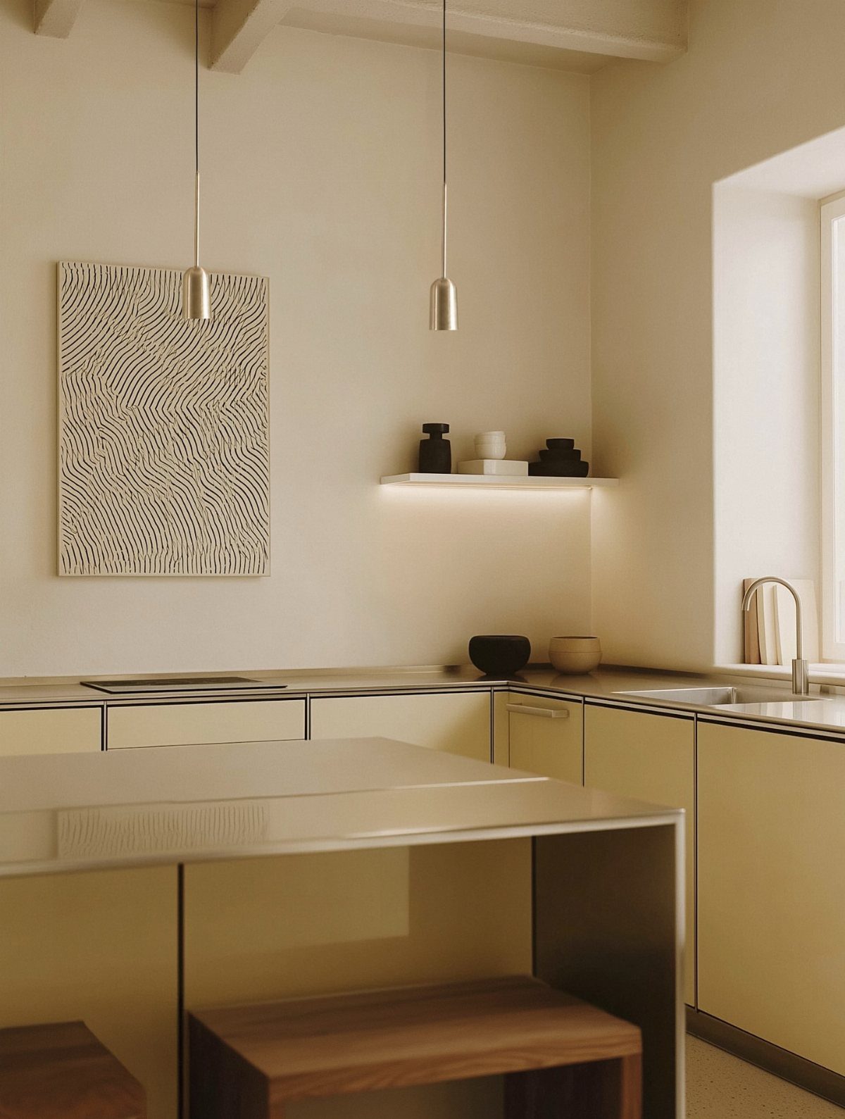 Butter yellow kitchen cabinets and island illuminated by warm pendant and shelf lighting.