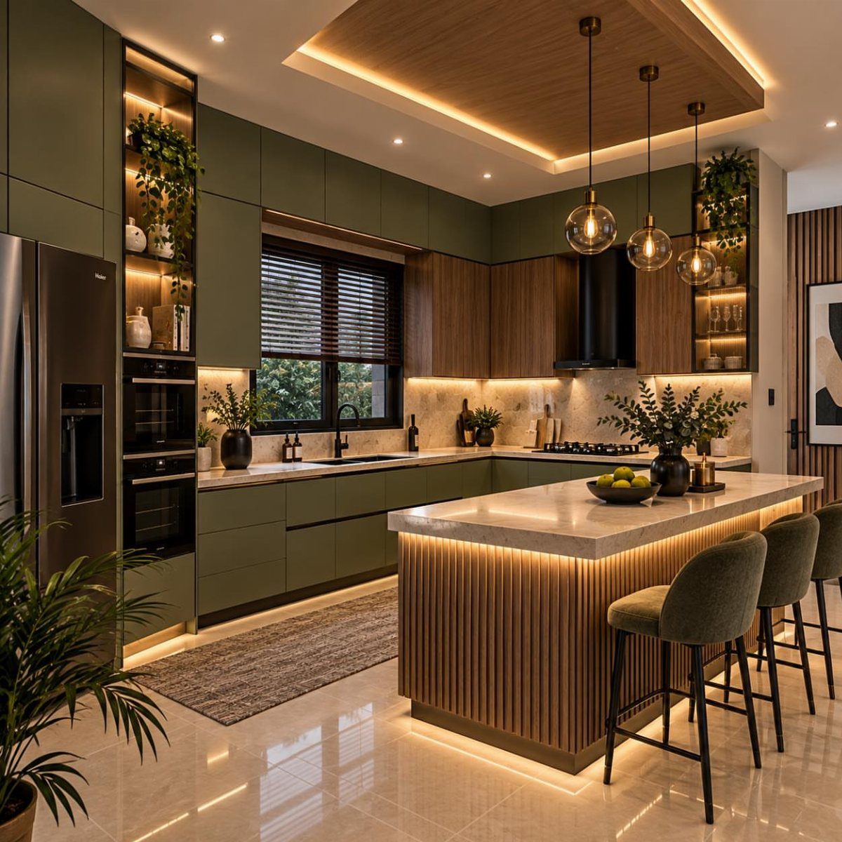 Dark green kitchen cabinets with a contrasting ribbed wood kitchen island and marble top.