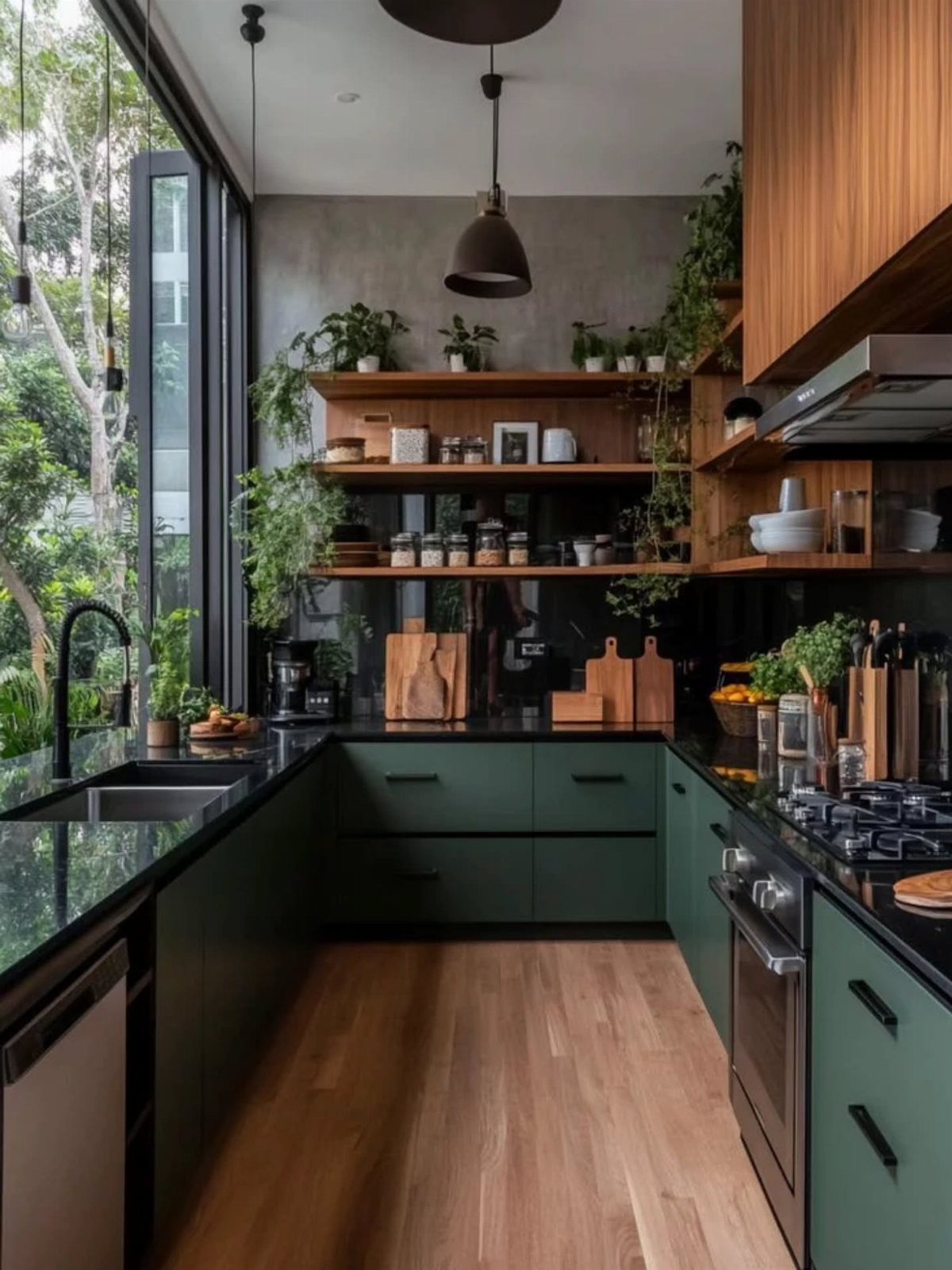 Dark green kitchen cabinets with black countertops and potted plants on wooden shelves.