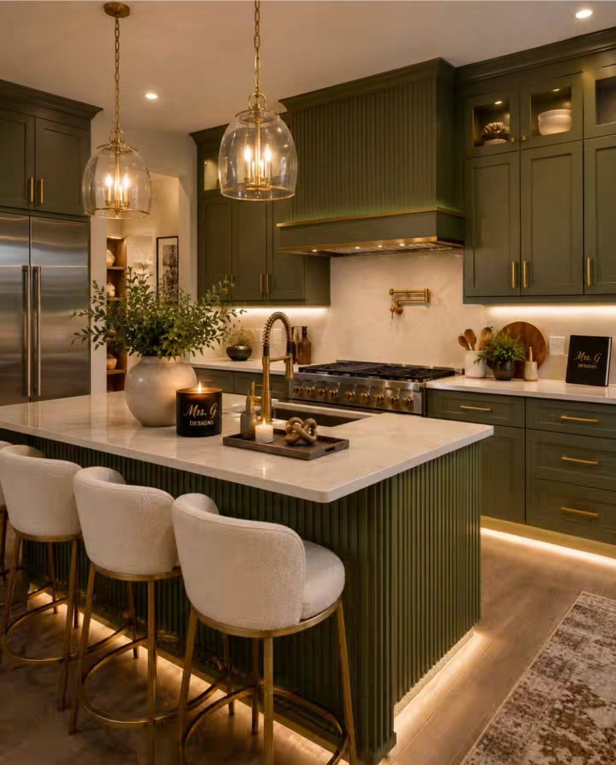 Dark green kitchen cabinets and island with white marble countertops and gold accents.