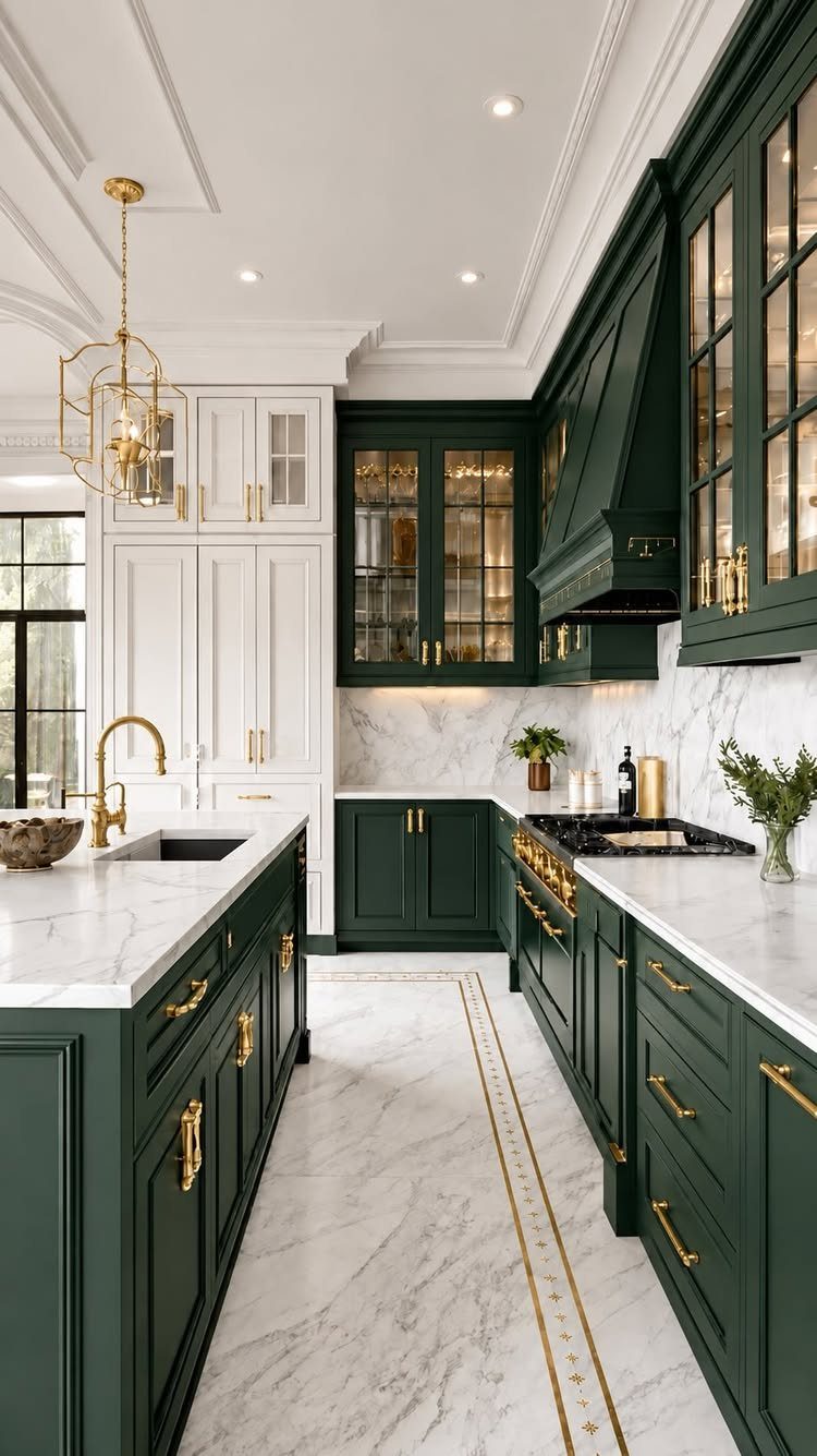 Matte dark green kitchen cabinets with gold hardware and white marble countertops.