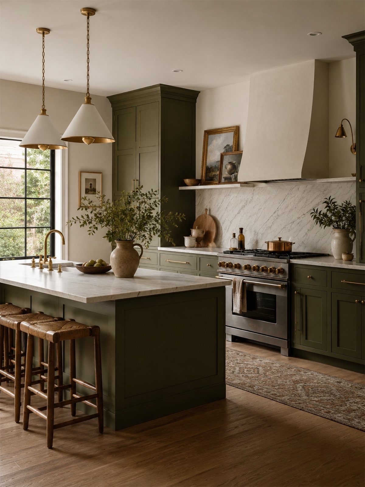 Olive green kitchen cabinets with white marble countertops and wooden bar stools.