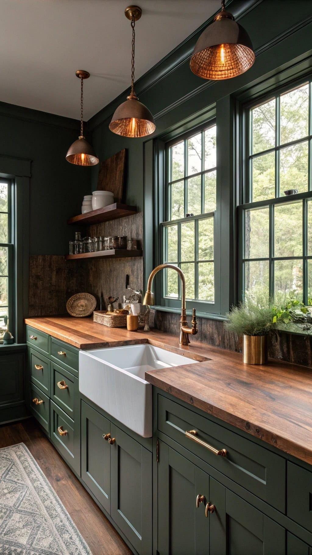 Dark green kitchen cabinets with natural wood countertops and brass hardware and lighting.