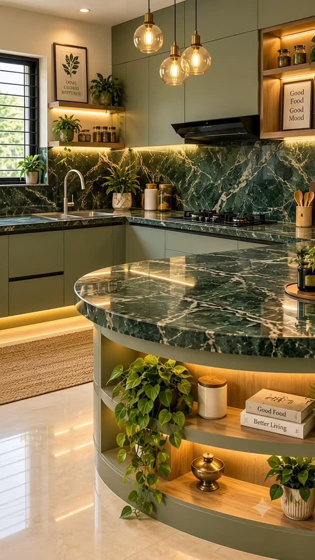 Earthy green kitchen cabinets with dark green marble countertops and wooden open shelving.