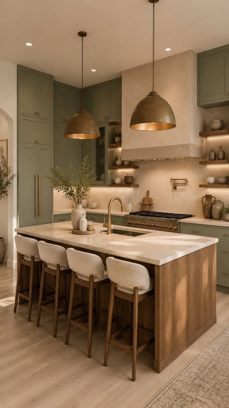 Earthy green kitchen cabinets with a wooden island and brass pendant lighting.