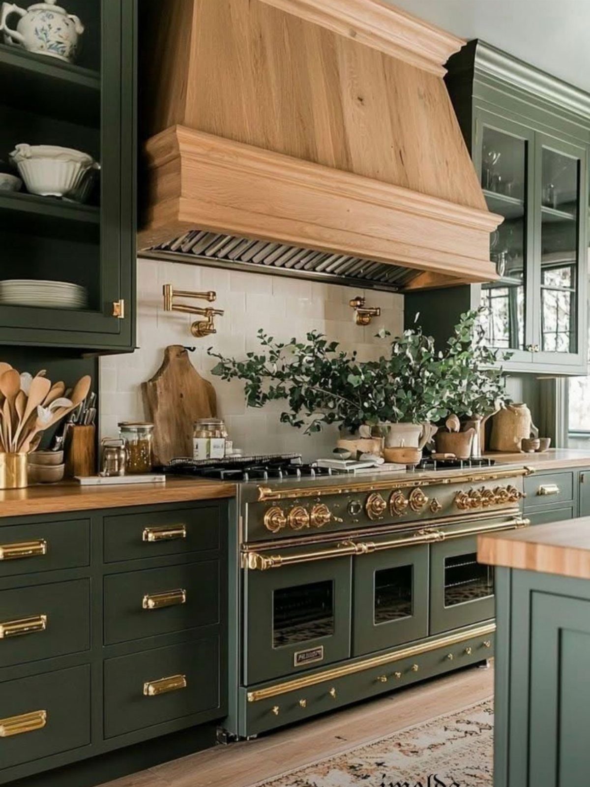 Dark green kitchen cabinets and stove with gold hardware and wooden vent hood.