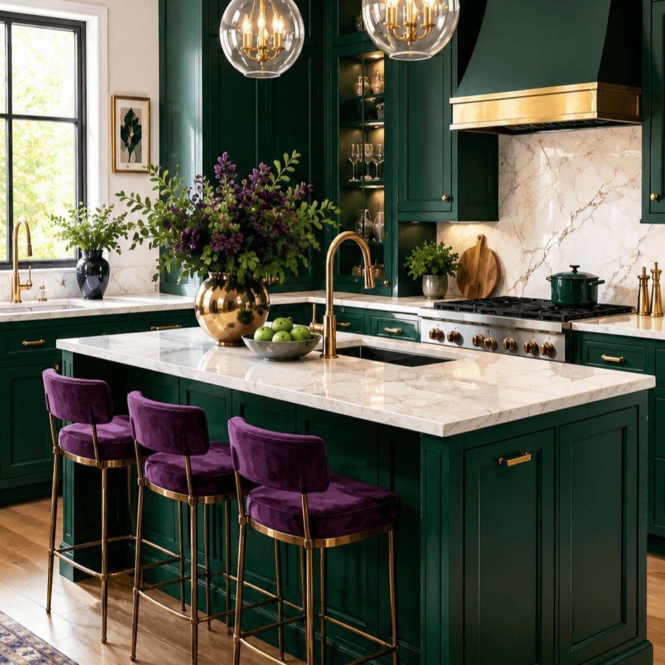 Emerald green kitchen cabinets with white marble countertops and purple velvet barstools.