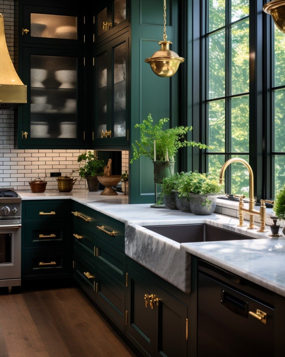 Dark forest green kitchen cabinets with gold hardware and white marble countertops.